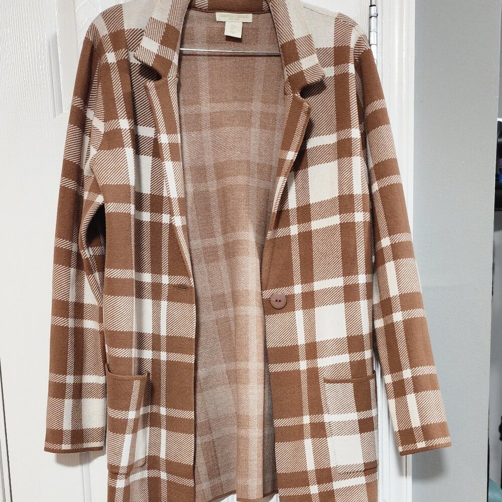 Christian Siriano Brown Plaid Longline Cardigan Coatigan Size L